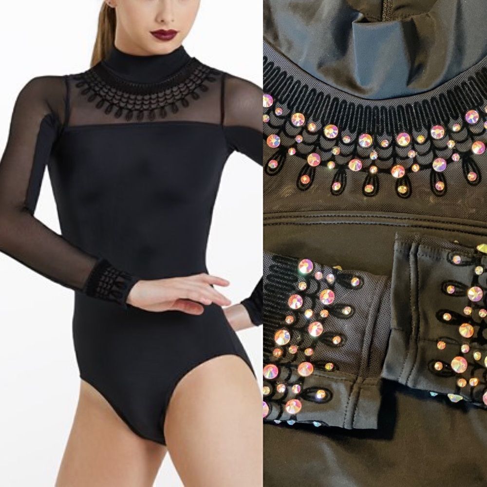 Weissman solo custom dance costume black Flocked Mock Neck Leotard MT11221 LC
